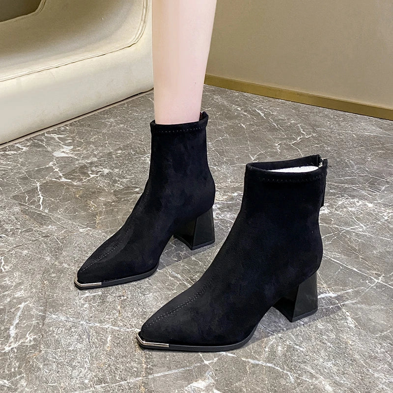 Winter Women Thick Heel Ankle Boots Fashion Pointed Toe Mordern Short Booties Street Style Party Stripper Female Shoes