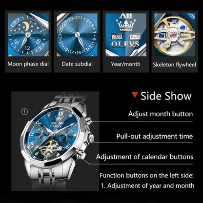  OLEVS Automatic Mechanical Watch for Men Tourbillon Moon Phase Diamond Dial Stainless Steel Strap Waterproof Men Wristwatch