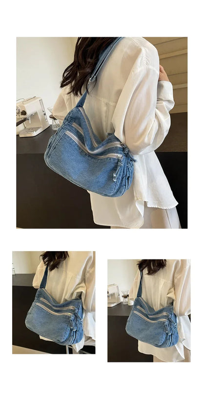 Vintage Denim Women's Shoulder Bag Large Capacity Messenger Bag Multi-pockets Satchel Bags Adjustable Strap Ladies Crossbody Bag