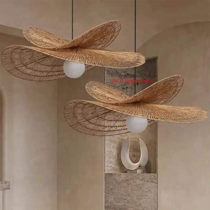Wabi-Sabi Style Pendant Lights For Bedroom Living Room  Rattan Hand-Woven Lamp Restaurant Home Decor Chandeliers G80 Bulb
