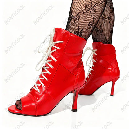 Ronticool Handmade Peep Toe Ankle Boots - Black and White Leather High Heel Shoes with Lace Up Design Size 36-43