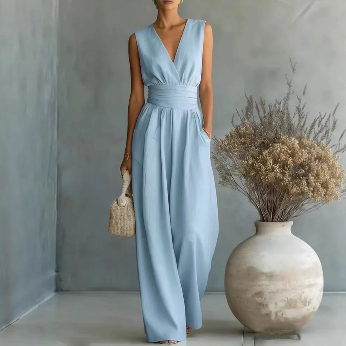 2026  V Neck Women's Jumpsuits Elegant Solid High Waist Rompers Casual Wide Leg Pants Pocket Overalls Vacation Outfit Loose