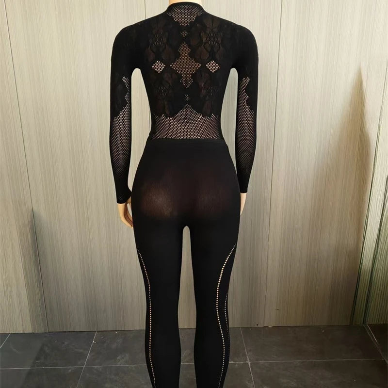 Doyerl Black Bodycon Rompers and Jumpsuits for Woman Long Sleeve See Through Mesh Patchwork Skinny One Piece Catsuit Overalls