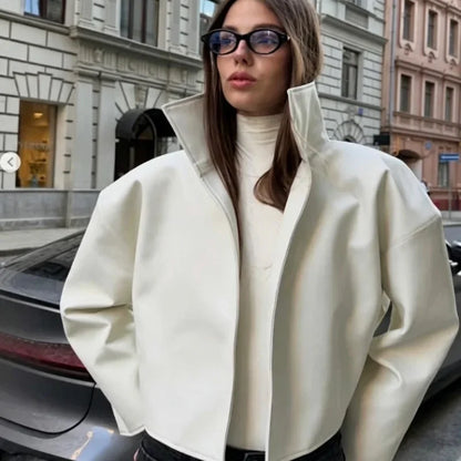 Women Cropped PU Leather Jacket Stand Collar Wide Flare Sleeve Asymmetrical Wrap Open Front Coat 2026 Autumn Chic Loose Jackets