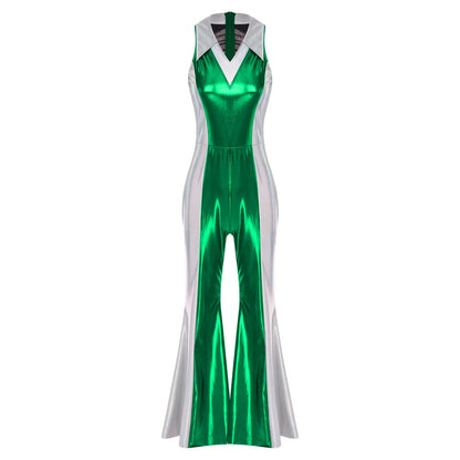 70s 80s Disco Costume Women's Streetwear Jumpsuit Shiny Clubwear Flared Long Pants Rompers Flares Metallic Hippie Party Outfit