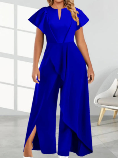 2024 Summer New Elegant Women's V-neck Irregular Jumpsuit Solid Color Short Sleeved Long Style Banquet Women's Jumpsuit