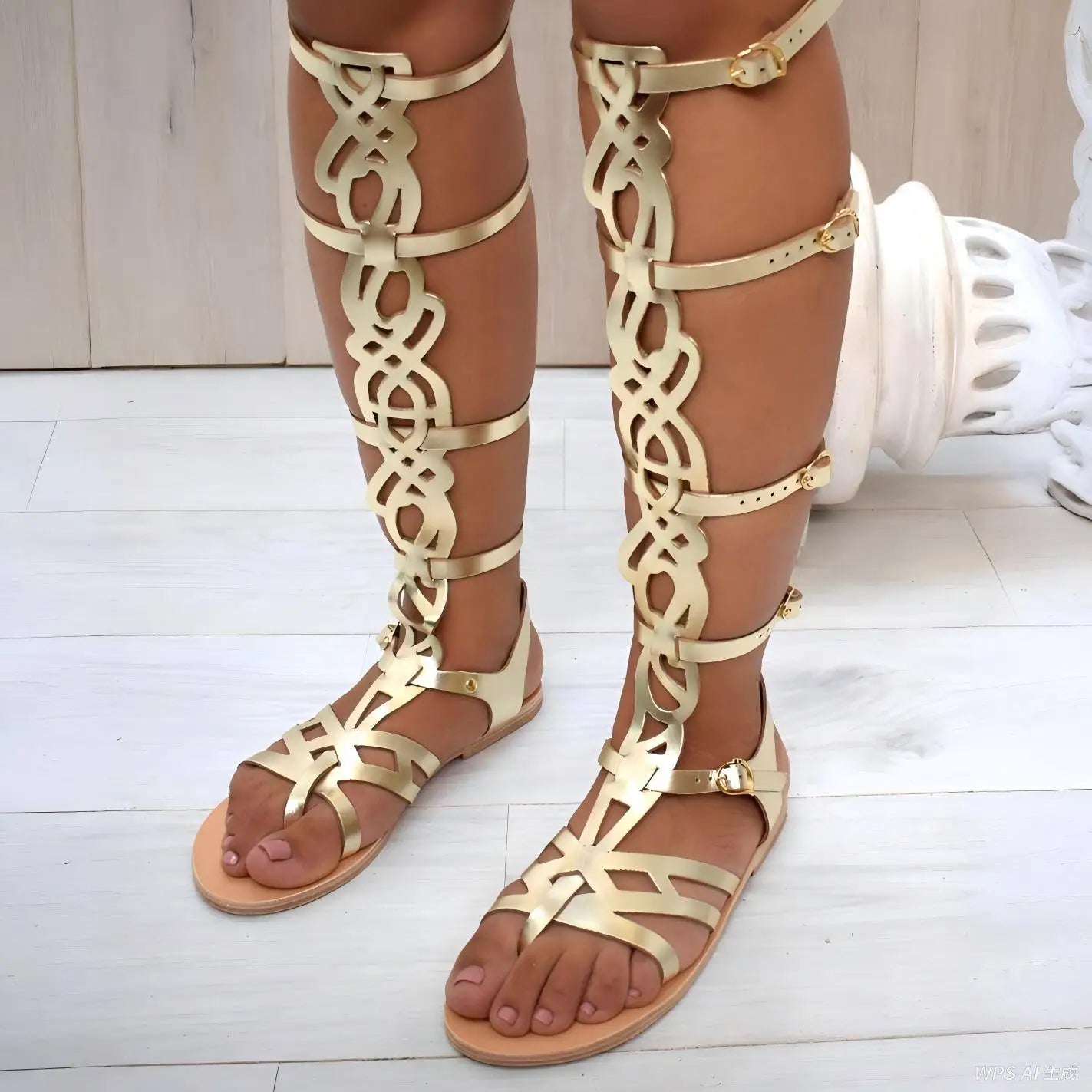 Women Hollow Out Multi Buckle Strap Flat Open Toe Shoes Greek Style Knee High Gladiator Sandals Summer Vacation Festival Sandal
