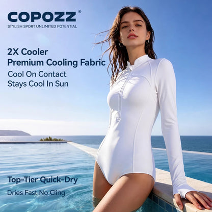 COPOZZ High Neck Swimsuit Women UPF50 Long Sleeve One Piece Rash Guard Swimming Bath Suit Beach Swimwear Female Surfing Bodysuit