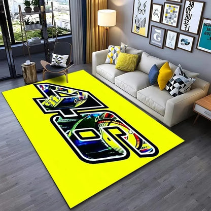 Motorcycle Racer The Doctor Carpet Mat Black Yellow Racing Track Living Room Rug with Number 46 Dynamic Design Home Decoration