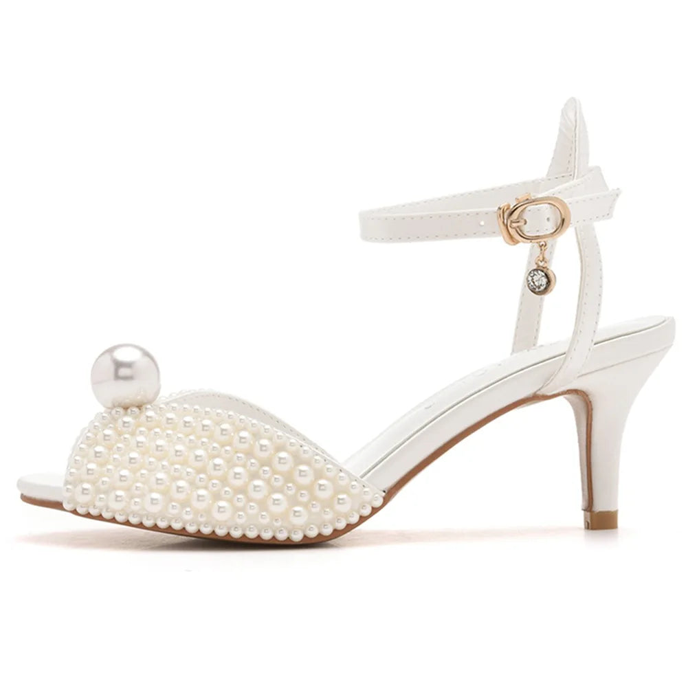 Maogu 6cm Fish Mouth High Heeled Sandals Buckle Wedding Bride Luxury Designer Shoes Heels Pearl Sandal Ladies Shoe Large Size 43