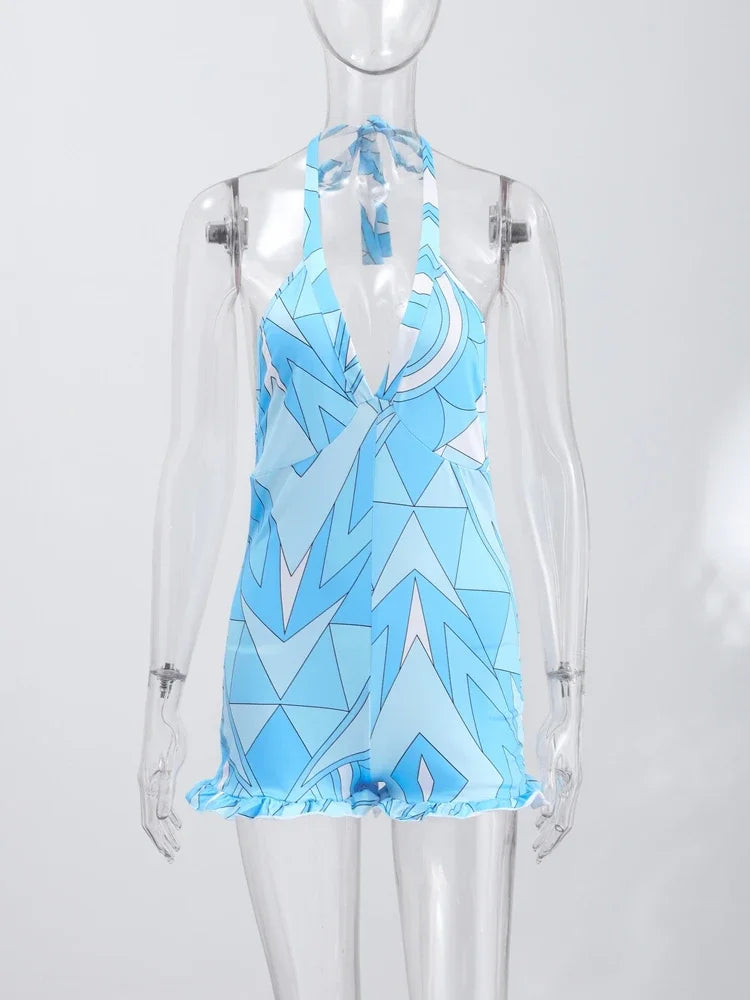 Summer Lady Geometry Printed Bodysuit Halter Sleeveless Backless Top Shorts Female One-piece Swimwear Women Vacation Beachwear