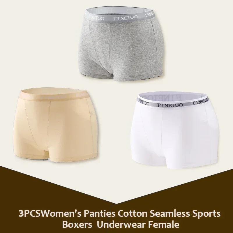 3Pcs Women's Cotton Boxers Panties Seamless Sports Underwear Female Solid Color Briefs Lingerie Intimate Underpant Finetoo S-XXL