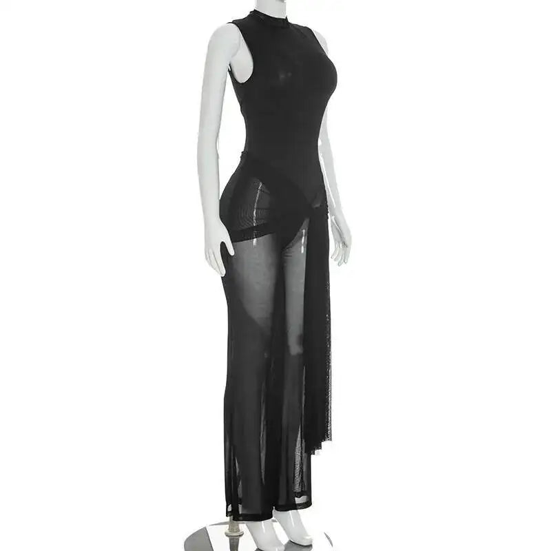 Sibybo Sleeveless Sheer Mesh Patchwork Women Jumpsuit Black Backless Ribbons High Stretch Bodycon Rompers Female Party Clubwear