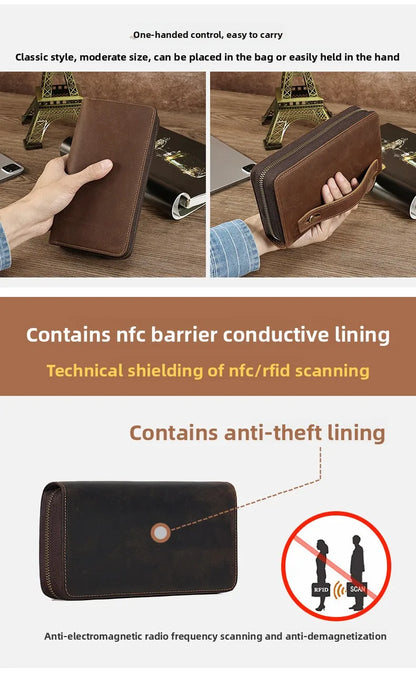 Men's Clutches Long Handbag Business Vintage Cow Leather Man Long Wallet For Men And Woman Oil Wax Zipper Bag Purse