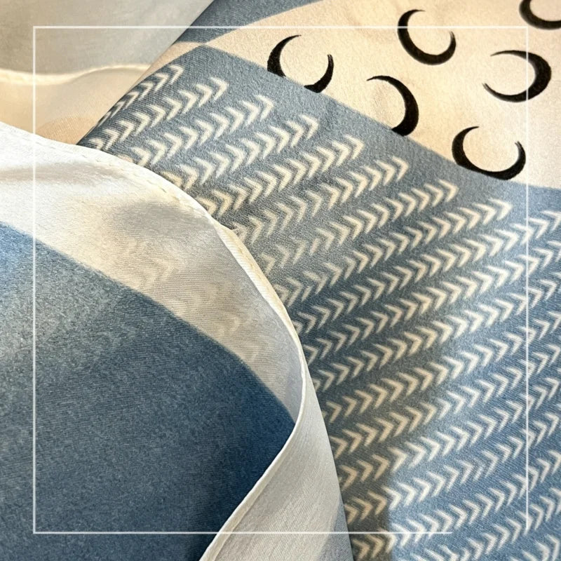 100% Natural Mulberry Silk Square Scarf 53x53cm Blue White Moon Print Women Neck Scarf Headband Bag Scarf Elegant Gift