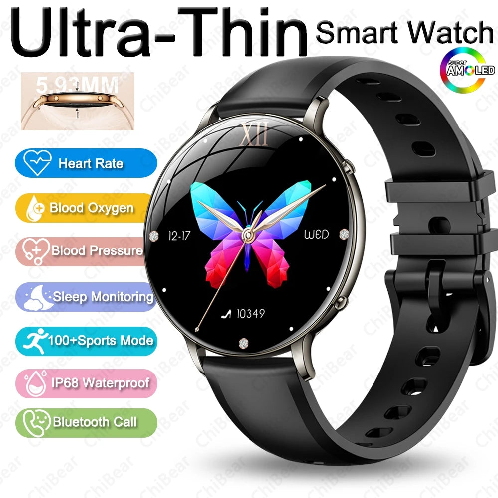 2026 Ultra-Thin Women Smart Watch AMOLED HD GPS Track Always-On Time Display LED Flashlight Bluetooth Call Waterproof Smartwatch