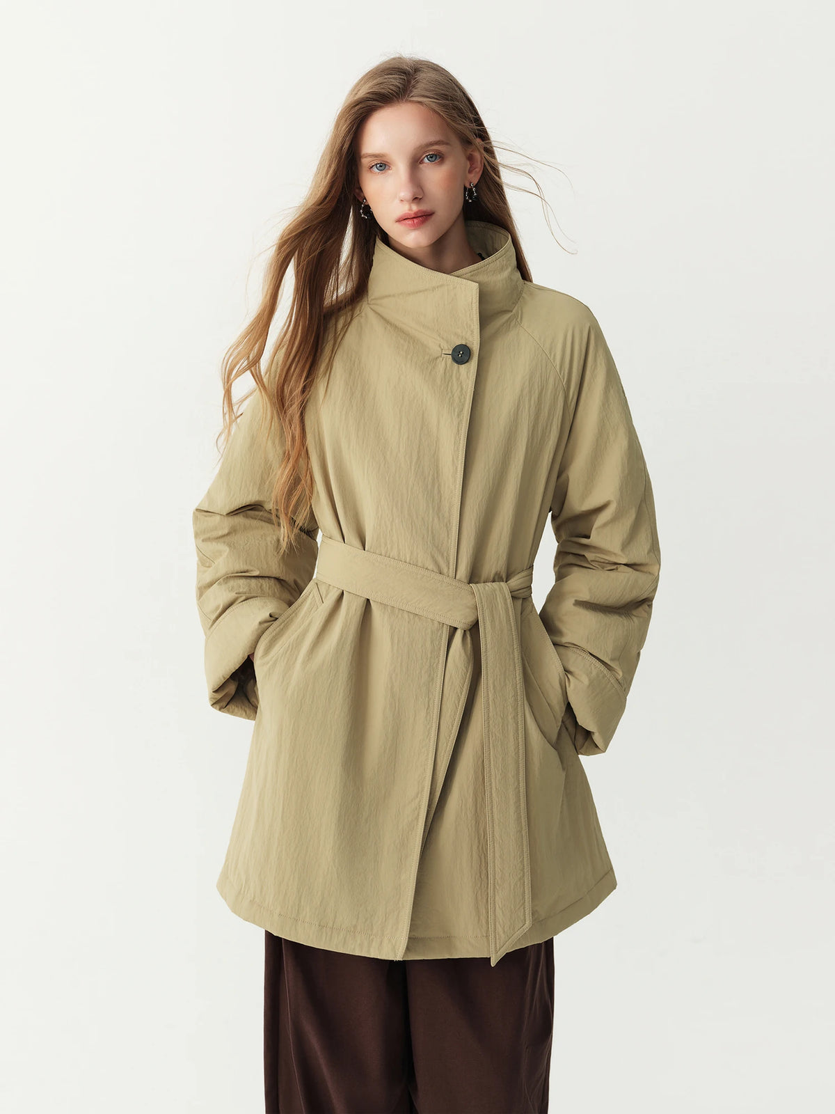 FSLE 2026 Winter New Women's Commute Stand Collar Direct Down Fill Trench Style Down Puffer Coat Warm Thick Quilted Outerwear