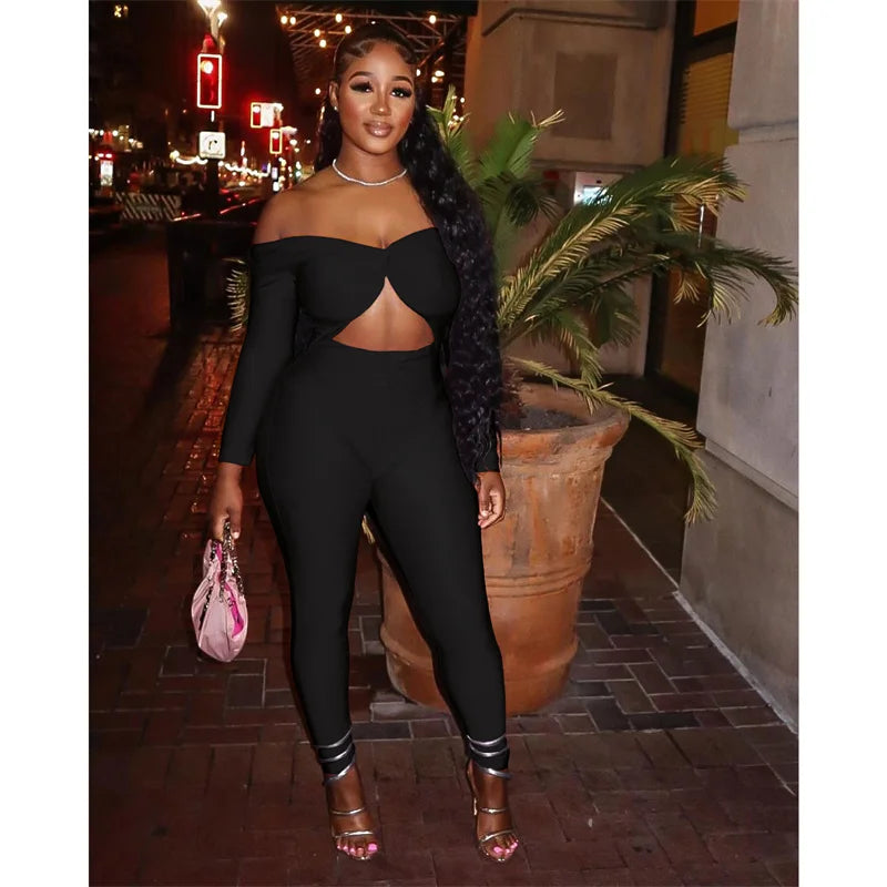 Sexy Off the Shoulder Birthday Jumpsuit for Women Night Club Outfit Party Hollow Out Ruched Skinny Long Sleeve Rompers Full Body