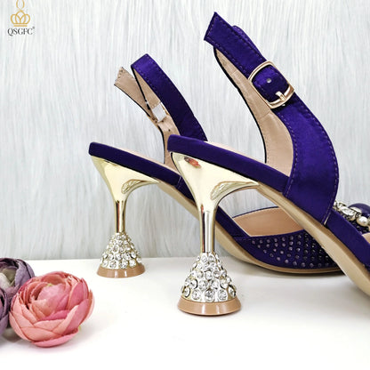QSGFC 2026 New Fashion Purple Sandals Sequins Rhinestone Point Toe High Heels Slingback Women's Dress Women's Shoes & Bag Set