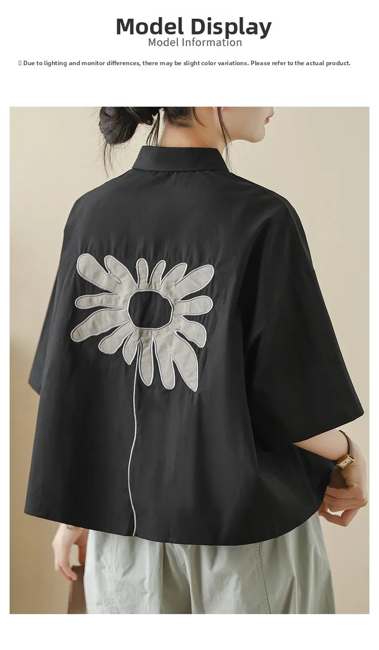 High-End Korean Japanese Artistic ort Sve Cotton Linen Embroidered irt Summer Wear Pear ape Fitting Women's Top