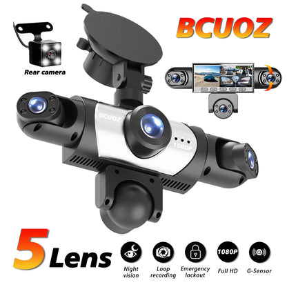 BCUOZ 5-Lens 360° Dashcam with Super Night Vision - 1080P Front 720P Rear Left Right Car Cameras Loop Recording G-Sensor WDR 12-24V Plug Power Supply Optional 64GB Memory Card