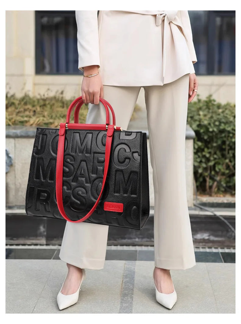 2026 New Large Capacity Contrast Letter Printed Women's Handbag High end Cowhide Mom's Bag