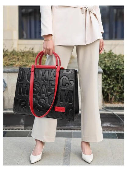2026 New Large Capacity Contrast Letter Printed Women's Handbag High end Cowhide Mom's Bag