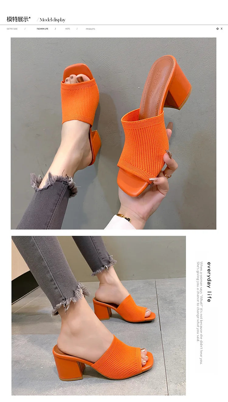 Women's Luxury Casual Soft High Heel Sandals Black Mules Summer Slippers Outdoor Shoes Open Toe