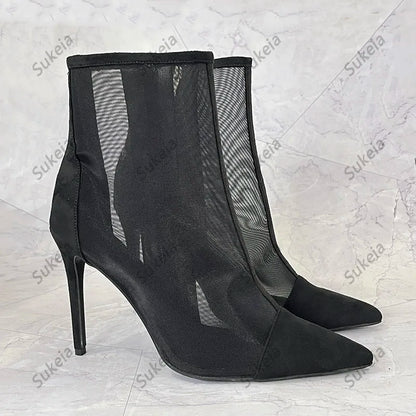 Sukeia Handmade Women Summer Ankle Boots Pointed Toe Sexy Stiletto Heels Pretty Black Casual Shoes Ladies US Plus Size 5-15