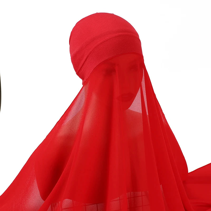 Muslim Women Bonnet + Chiffon Shawl Instant Under Scarf Cap Islam Inner Scarf Headband Stretch Hijab Cover Headwrap Turbante