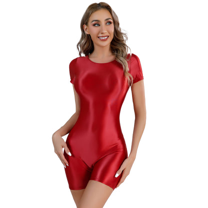 Women's Swimsuit One Piece Swimwear Oil Glossy Stretchy Gym Fitness Long Sleeve Round Neck Tights Leotard Bodysuit Clubwear