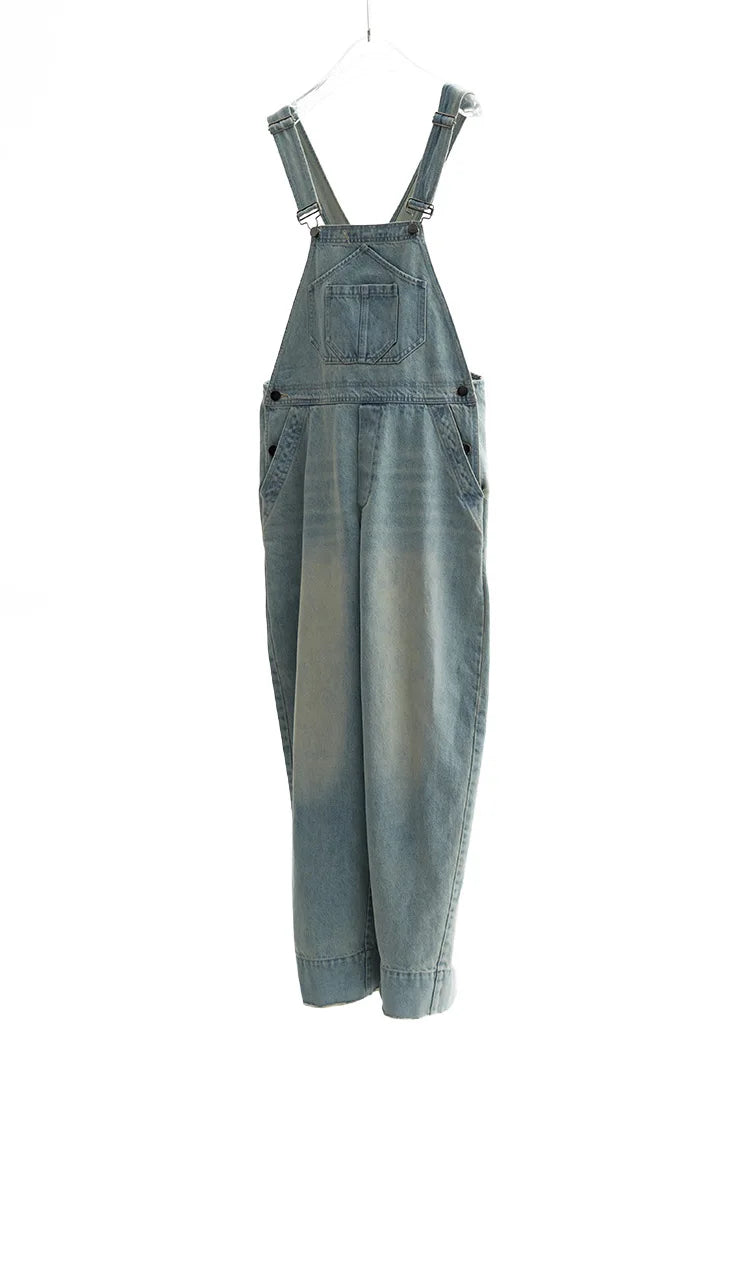 Age-Reducing, Laid-Back Style~ Women's Washed Light Blue Denim Overalls, Versatile Slim-Fit Straight-Leg Jumpsuit