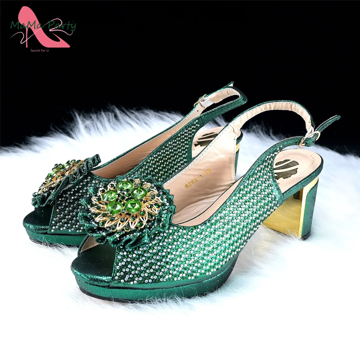 Mature Italian Women Shoes Matching Bag Set in Green Color 7 CM Comfortable Heels with Plaform Elegant Peep Toe Sandals