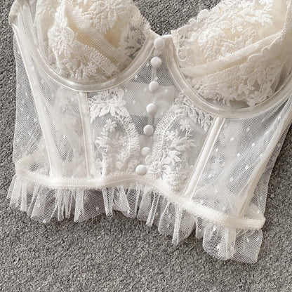 French Chic Sexy Woman Sleeveless Skinny Backless Female Corset Camis Lace Sheer Spaghetti Strap Hotsweet Tank Tops Dropshipping
