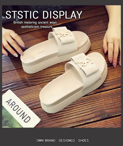 2025 Summer New Women's Fashion Letter Designer Sandals Casual Thick Bottom Round Toe Leather Beach Shoes Женские Сандалии
