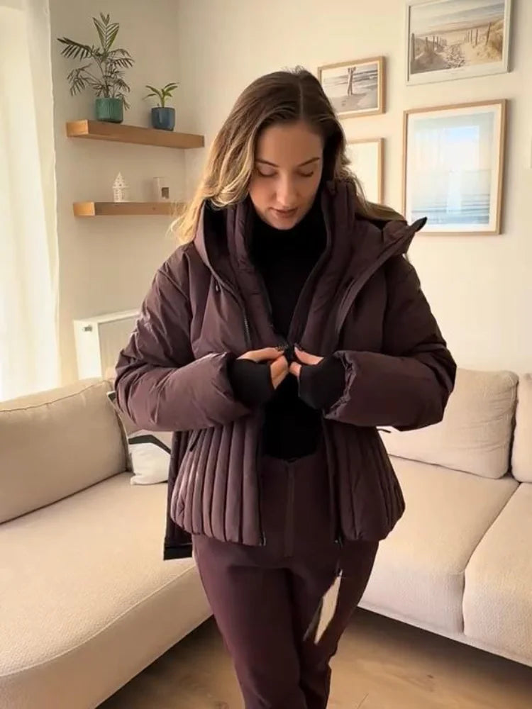 Women's Chic White Hooded Ski Jumpsuit with Waist Belt Warm Snowproof One-Piece Snow Wear Winter Sports Fashion Lady Snowsuit
