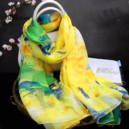 100% silk  scarf ladies Yellow printed  silk scarf Women fashion  soft and elegant shawl long shawl spring autumn winter summer