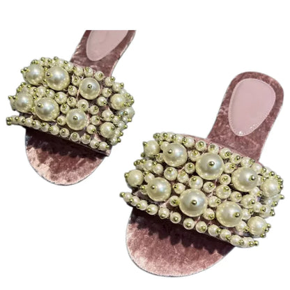 Outdoor Slippers Pearl Decor Flat Slippers Women Flannel Open Toe Slides Slip On Luxury Sandals Elegant Comfortable Summer Shoes
