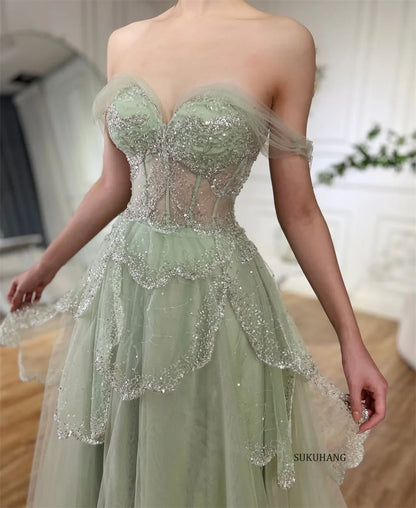 SUKUHANG Handmade Evening Dresses Layer Beaded Tulle Evening Dresses Off the Shoulder A-Line Prom Dresses Customized