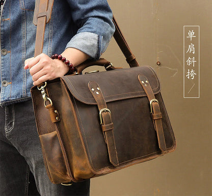 Vintage Crazy Horse Genuine Leather Men Briefcase Large Business Bag Tote Office Bag 15.6“Laptop Case Attache Male Shoulder Bag