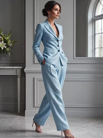 Autumn New Women's Long-sleeved Suit Shirt 2-piece Set Fashion Pocket Suit Collar Slim Temperament Female Office Trousers Suit