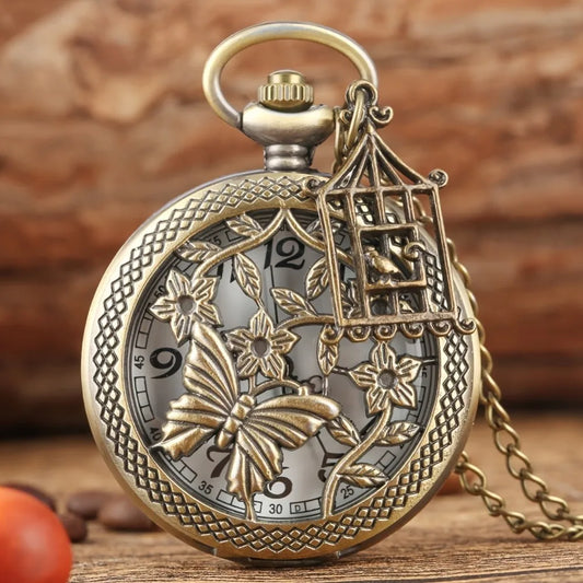 Exquisite Vintage Bronze Hollow Butterfly With Birdcage Pendant Quartz Pocket Watch with Necklace Chain Gift Men Women Clock