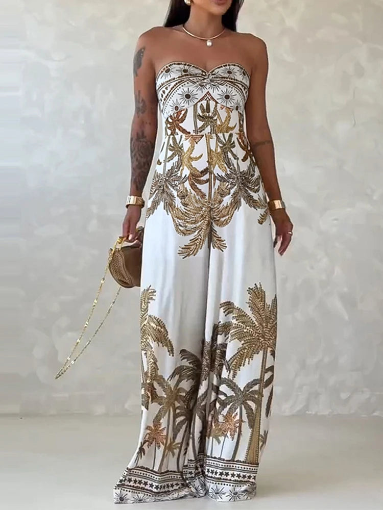 Summer Hollow Off Shoulder Overalls Spring Pattern Print Wide Leg Pants Jumpsuits Sexy Strapless Backless Lace-up Women's Romper