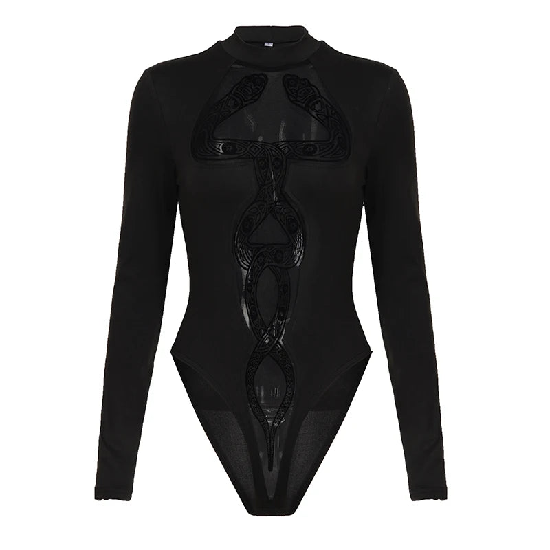 SUCHCUTE Snake-Net Patchwork Long-Sleeve Mesh Jumpsuit Vintage Sexy One-piece Suit Women Y2k Aesthetic Bodysuits Chic
