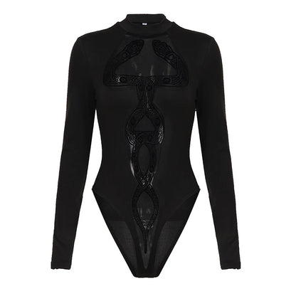 SUCHCUTE Snake-Net Patchwork Long-Sleeve Mesh Jumpsuit Vintage Sexy One-piece Suit Women Y2k Aesthetic Bodysuits Chic