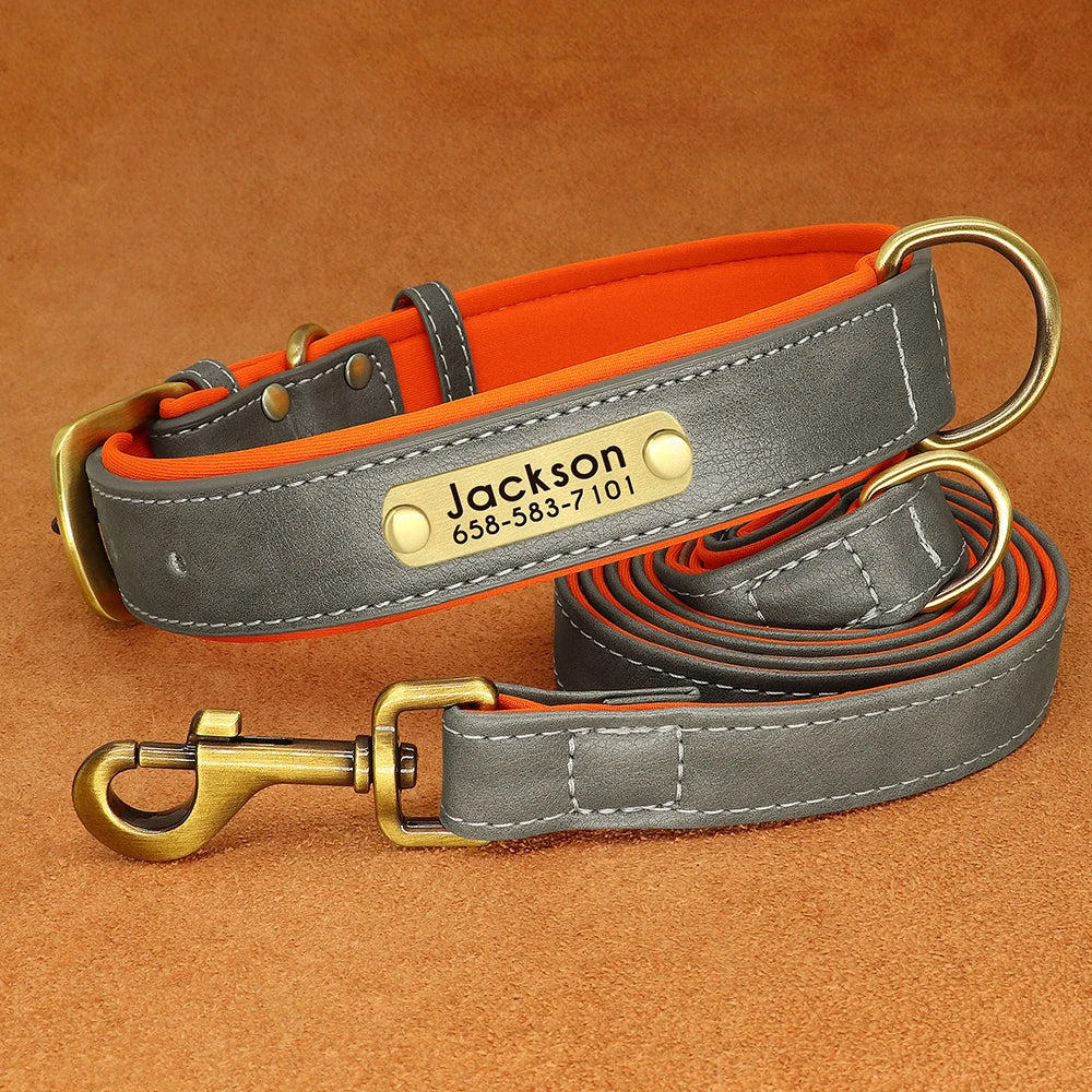 Personalized Dog Collar Leash PU Leather Dogs Collars Pet Rope Engraved Pet ID Name Necklace for Small Large Dogs Soft Padded