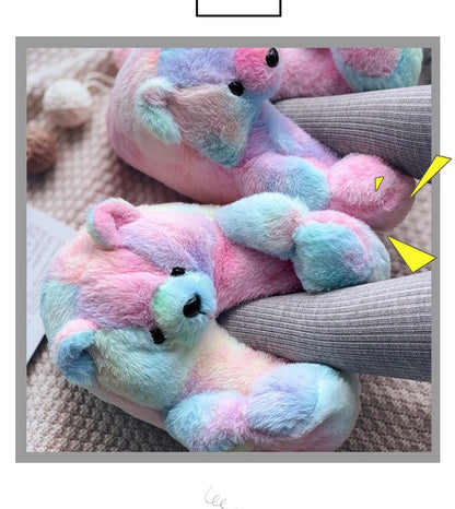 Cute Teddy Bear Plush Winter Slippers, Wrapped Heel Funny Indoor Floor Shoes, Women Gift, Warm Soft Cartoon Fluffy Animal Slippe