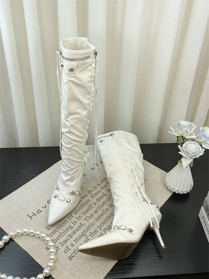 ZAROY Thin High Heels Knee-high Boots Women Winter Shoes Designer Tassels Rivet Side Zippers Sexy Pointed Toe Punk Long Booties