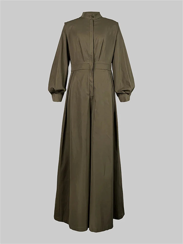 UOOZEE 2026 New Female Fashion High Waisted Wide Leg Jumpsuits Spring Long Sleeves Loose Buttoned V-Neck Office Jump Suits