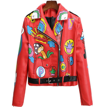 3xl women and men rivet beading pu leather jacket hit color streetstyle Graffiti outerwear letters printed leather jackets